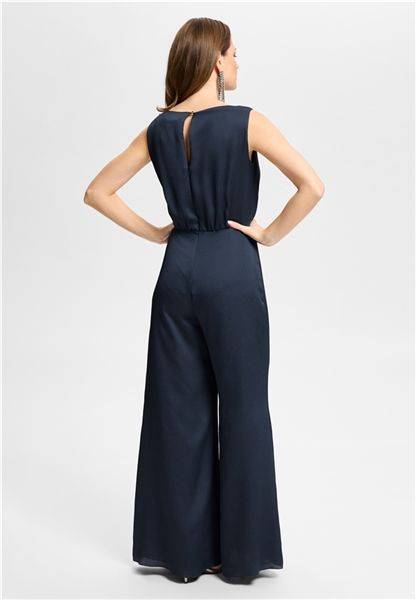 Swing Jumpsuit aus Satin mit Wasserfallau blauw